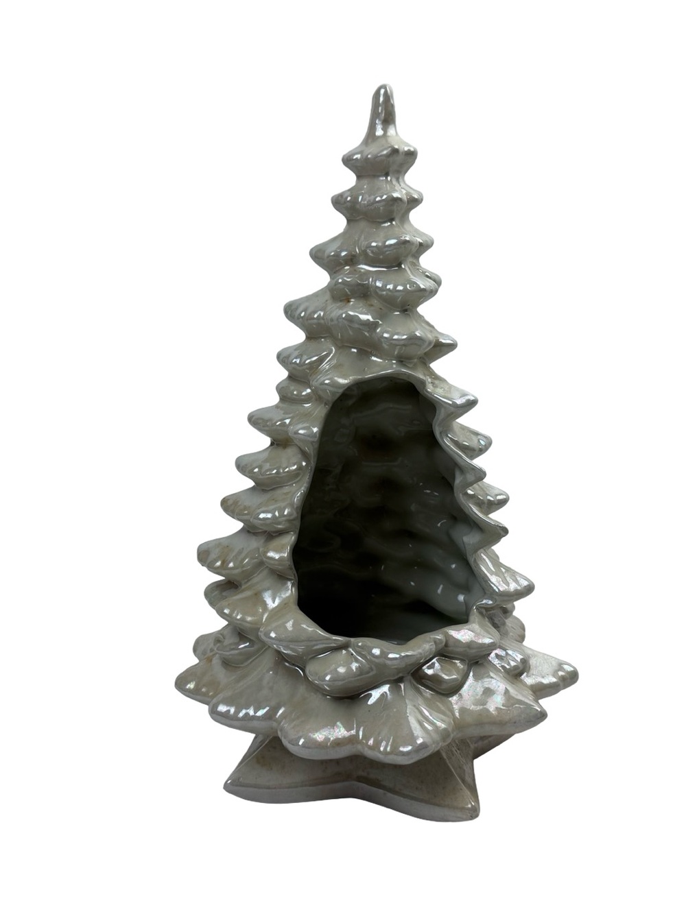 Vintage 13" Ceramic Christmas Tree Scene Cutout Pearl Iridescent